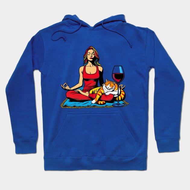 Meditating Woman Cat Wine Hoodie by Sideways Tees